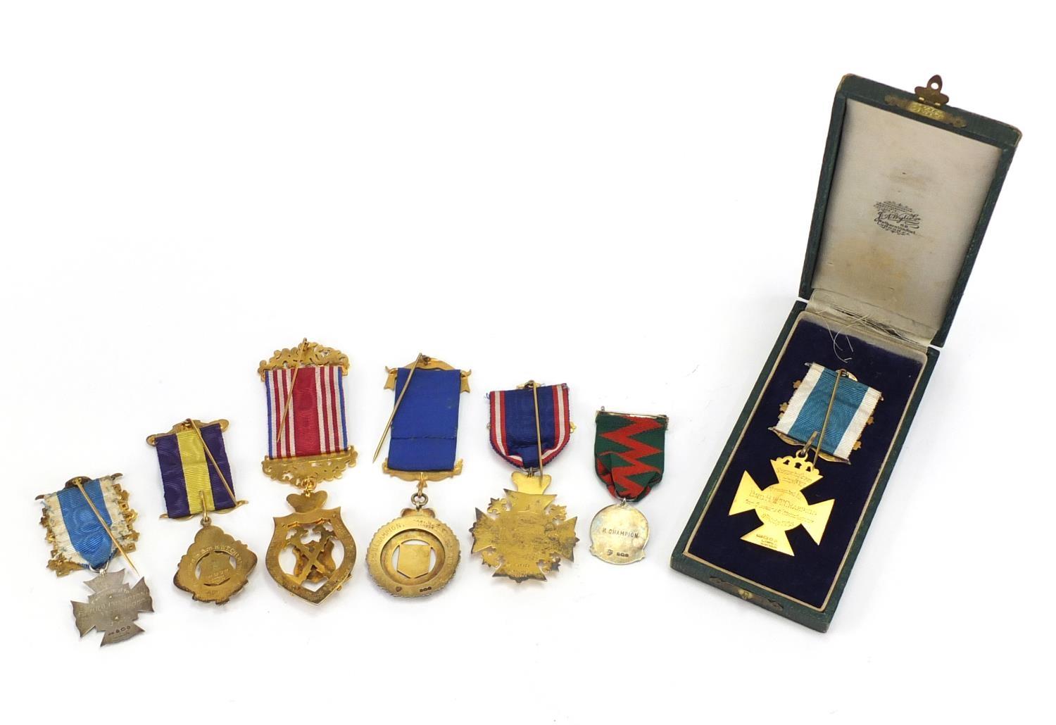 Seven silver jewels some with enamel including six ROAB examples, awarded to Bro H Champion : For - Image 4 of 11