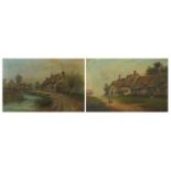 J W Humby - Figures before cottages, pair of Edwardian oil on canvases, each 60cm x 40cm : For