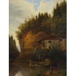 Figures by water with mountain house, 19th century continental school oil on canvas, framed, 51.