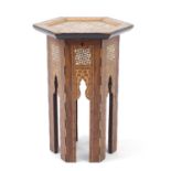 Moorish hexagonal inlaid occasional table with mother of pearl inlay depicting script, 47cm high :