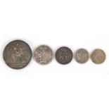 George III silver coinage comprising a 1787 shilling, 1820 shilling, 1816 and 1817 six pences and