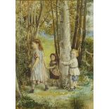 J A Innes - Three children playing in woodland, 19th century watercolour, mounted and framed, 30.5cm