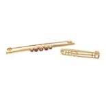 9ct gold ruby bar brooch and a 9ct gold Rennie Mackintosh style brooch, the largest 5.5cm in length,