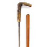 19th century horn handled Malacca riding crop sword stick, with steel steel blade and gilt metal