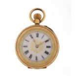 Continental ladies 18ct gold pocket watch with ornate dial, the case numbered 73242, 3.5cm in