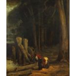 Three woodchoppers outside of a forest, 19th century oil on canvas, framed, 74.5cm x 62cm : For