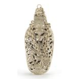 Chinese silver coloured metal chatelaine bottle, pierced with bats, 12cm high : For Further