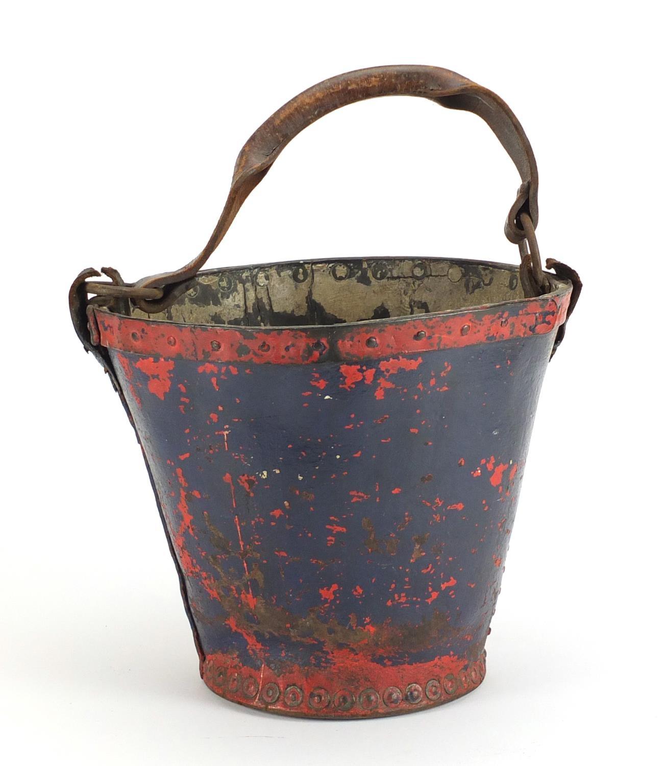 Georgian metal studded leather fire bucket, hand painted with Royal Coat of Arms, 26cm high : For - Image 3 of 6