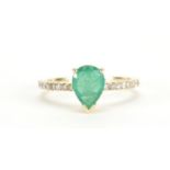 14ct gold emerald and diamond tear drop ring, size L, approximate weight 2.1g : For Further