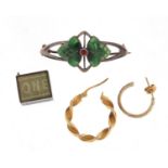 Jewellery comprising an Art Nouveau silver and enamel brooch, two 9ct gold hoop earrings (0.9g)