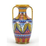 19th century Italian lustre glazed vase with twin handles, painted marks and inscribed Cellini to