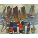 Figures before water with boats, Irish school oil on canvas board, bearing a signature Markey,