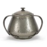 Arts & Crafts English pewter three handled jar and cover in the style of Liberty & Co, impressed