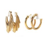 Two pairs of 9ct gold hoop earrings, the largest 3cm in length, approximate weight 4.2g : For