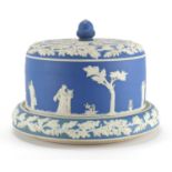 Wedgwood Jasper Ware cheese dome on stand, decorated with maidens, 21cm high x 27cm in diameter :