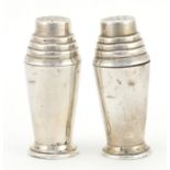 Pair of Art Deco style silver casters in the form of cocktail shakers, by Walker & Hall Birmingham