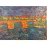 Bridge over water, continental school impasto oil on canvas, bearing an indistinct signature O