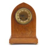 Edwardian oak mantel clock the painted chapter ring with Roman numerals, 31.5cm high : For Further