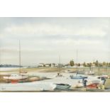 David Holmes - Emsworth with moored boats, watercolour, label verso, mounted and framed, 54.5cm x