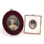 Two oval portrait miniatures of young females including one housed in a sectional frame, inscribed