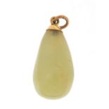 Green jade tear drop pendant with unmarked gold mount, 4cm in length, approximate weight 13.8g : For