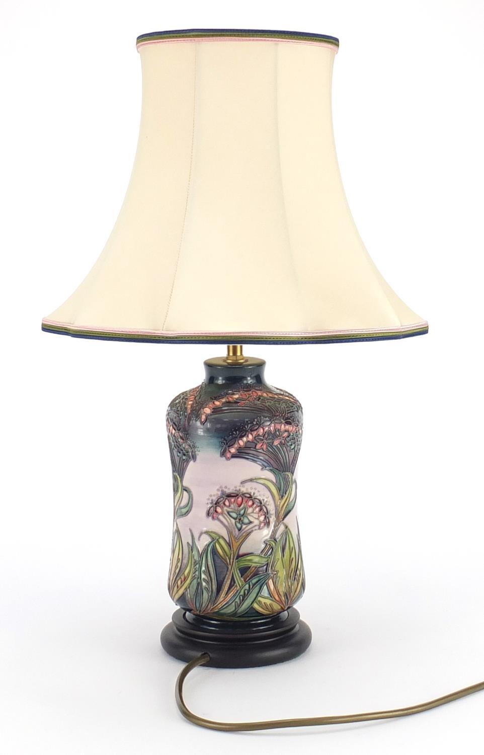 Moorcroft pottery lamp base with silk lined shade, hand painted and tube lined with stylised - Image 2 of 2