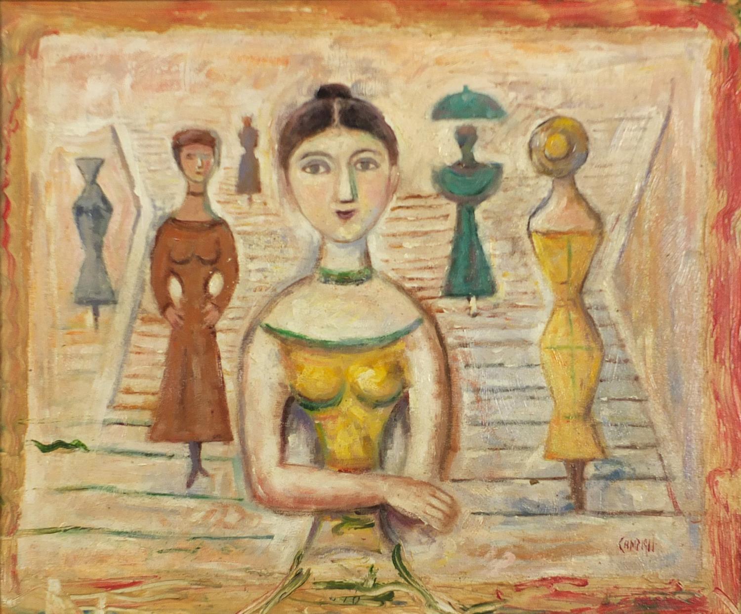 Abstract composition, five figures, Italian school oil on board, bearing a signature Campigi,