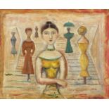 Abstract composition, five figures, Italian school oil on board, bearing a signature Campigi,