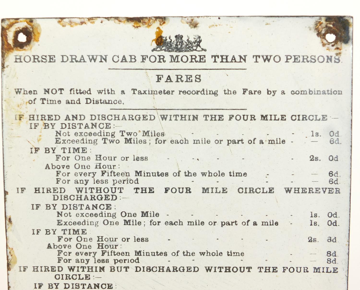 Antique horse drawn cab enamel plaque explaining fares, 23cm x 16.5cm : For Further Condition - Image 3 of 5