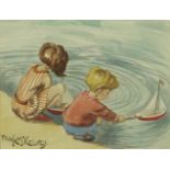 Young children playing with boats, watercolour, bearing a signature Frank M'Kelvey, mounted and