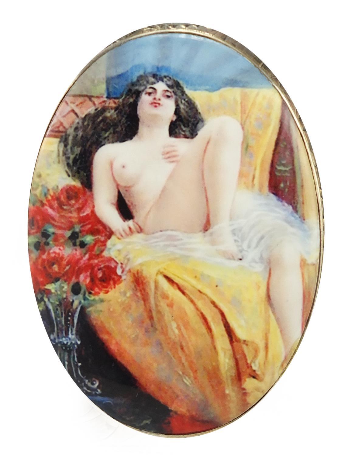 Rectangular silver cigarette case with enamelled semi nude female panel, by W J Myatt & Co - Image 2 of 6