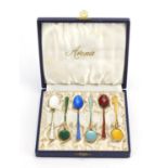 Set of six Danish silver gilt and guilloche enamel teaspoons, by Ela, housed in a fitted box, each