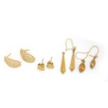 Four pairs of 9ct gold earrings, approximate weight 5.9g : For Further Condition Reports and Live