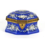 Antique porcelain Tahan box with gilt metal mounts, hand painted with flowers and foliage, the