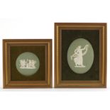 Two Wedgwood green Jasper Ware plaques including one of a maiden, each in a gilt frames, impressed