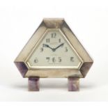 Art Deco blue john and unmarked silver mounted desk clock by Alfred Dunhill, the silvered dial