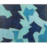 Abstract composition, blue shapes, oil on canvas, bearing an indistinct signature possibly Seage