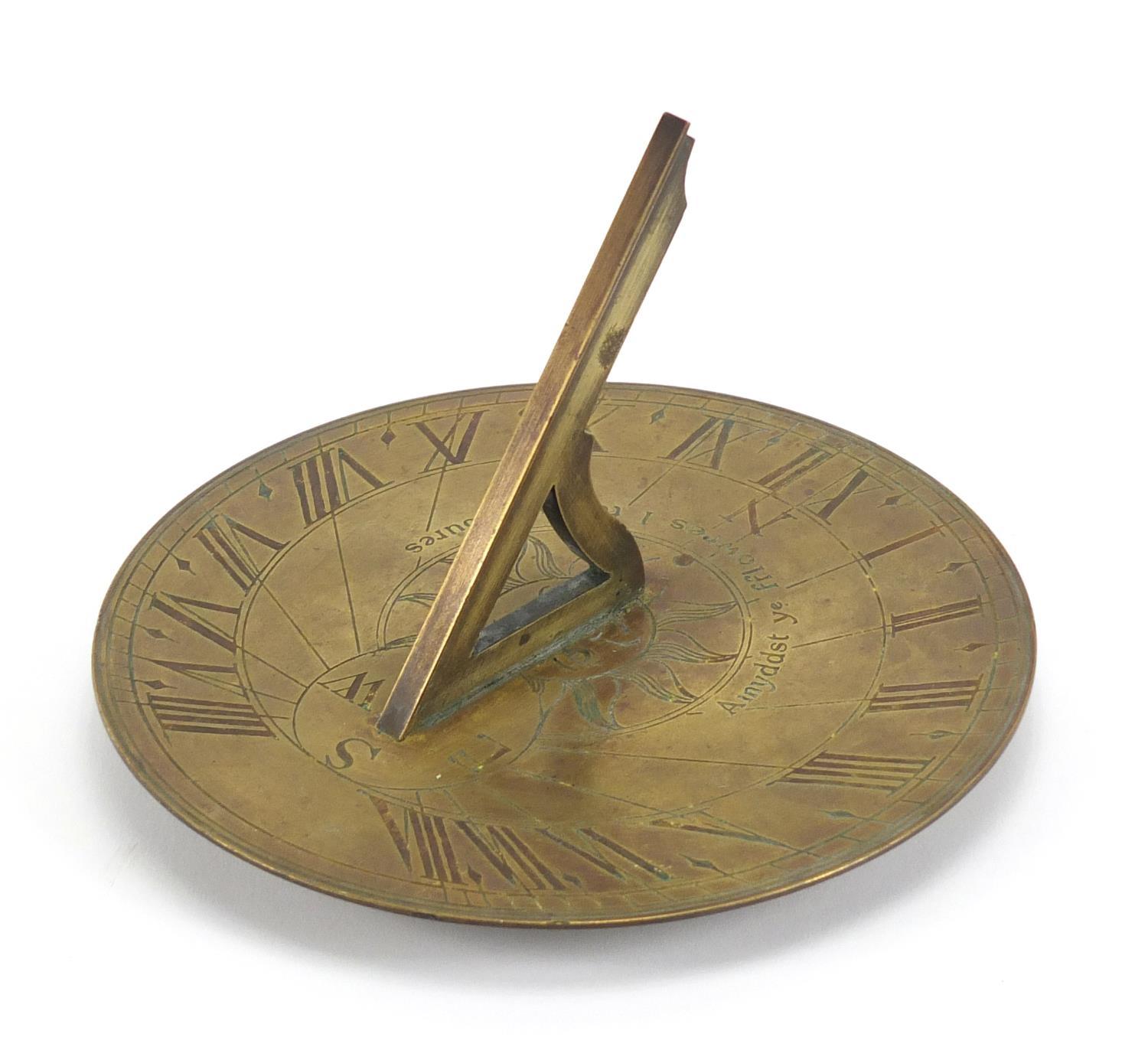 Georgian bronze sundial with Roman numerals, engraved Amyddst Ye Fflowres 1 Tell Ye Houres, 20cm - Image 2 of 4