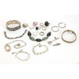 Silver and white metal jewellery including Siam bracelets, cabochon black stone bracelet and rings
