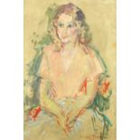 After Robin Darwin - Portrait of a seated female, oil on card, framed, 44cm x 29cm : For Further