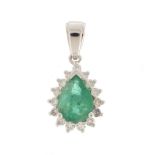 14ct white gold emerald and diamond tear drop pendant, 2cm in length, approximate weight 1.4g :