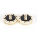 Pair of Victorian carved bone and ebony whist markers, each 4cm in diameter : For Further