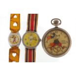 Vintage Ingersoll Mickey Mouse pocket watch and wristwatch together with a Snoopy wristwatch : For