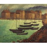 Boats in a harbour before buildings, Italian school oil on canvas, mounted and framed, 58cm x 48cm :