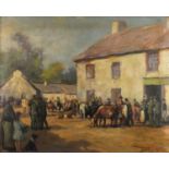 Manner of Frank McKelvey - Figures at a cattle market, Irish school oil on board, framed, 52cm x