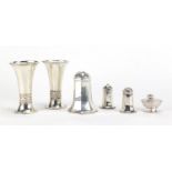 Silver plate including a pair of Arts & Crafts vases in the style of A E Jones, 13cm high : For