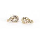 Pair of 18ct two tone gold diamond earrings, 1.6cm in length, approximate weight 3.9g : For