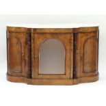 Victorian inlaid burr walnut Credenza with marble top above a pair of curved cupboard doors flanking