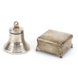 Square silver jewel box and an inkwell in the form of a ships bell, Birmingham hallmarks, the
