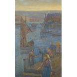 J E Drummond - Harbour scene with figures, late 19th century watercolour, framed, 63cm x 38cm :